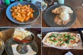 Prezzo's Easter menu, which includes, clockwise from top left: pasta alla vodka; Creme Egg calzone, Tuscan sausage and broccoli pizza; a children's sundae