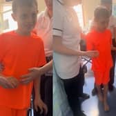 Jacob, 10, takes first steps after emergency brain surgery following road traffic accident.