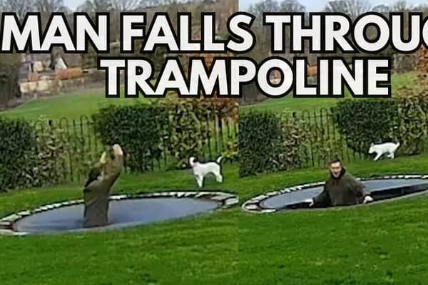 Photos of a man falling through a trampoline