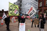 Protesters stand outside the Hs2 Curzon Street Station site on January 24, 2022 in Birmingham