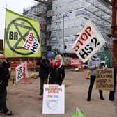 Protesters stand outside the Hs2 Curzon Street Station site on January 24, 2022 in Birmingham