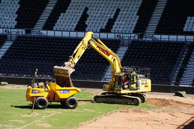 The rebuild of Pride Park pitch is being carried out by turf and grass specialists