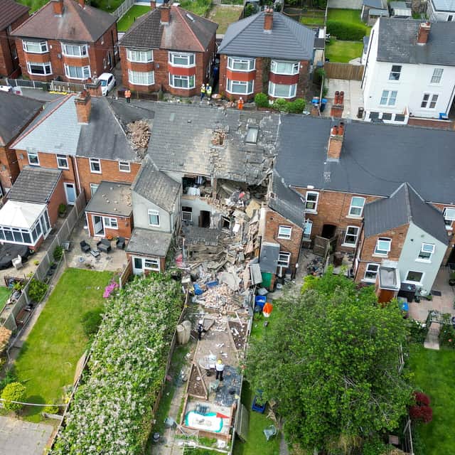 Aerial view of a suspected gas explosion on Eden Street, Derby. June 11, 2025.