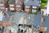 Aerial view of a suspected gas explosion on Eden Street, Derby.  