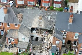 Aerial view of a suspected gas explosion on Eden Street, Derby.  
