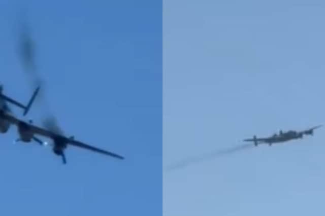 Smoke could be seen coming from one of four engines of the Lancaster Bomber causing it return to base.
