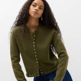 M&S Ruffle Crew Neck Cardigan. Pictured is the dark khaki colour.