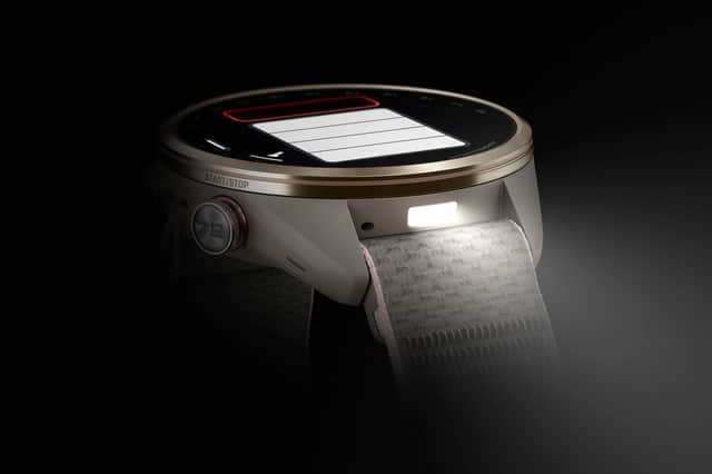 The Garmin Approach S72 features a built-in LED flashlight with adjustable white light and a red-light option, ideal for finding equipment in your golf bag.