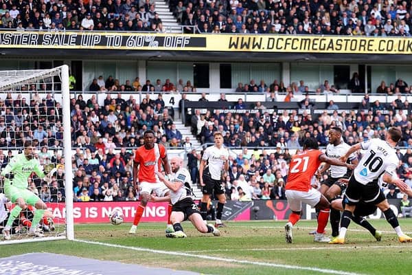 Derby County are out of the bottom three on goal difference from Luton Town with two games to go.