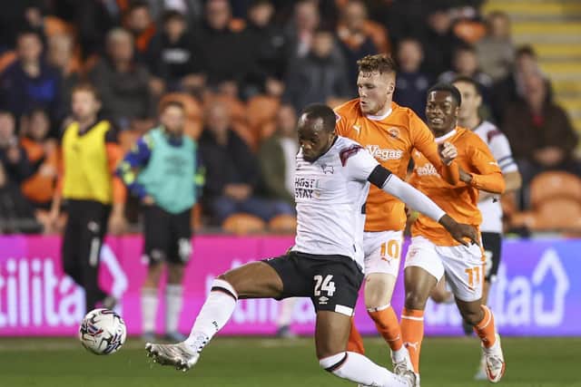 Ryan Nyambe playing for Derby County in a League One game vs Blackpool