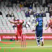 Luke Wood celebrates the wicket of Caleb Jewell with the first ball of the Derbyshire innings. Picture: Dan Adams/Lancashire CCC.
