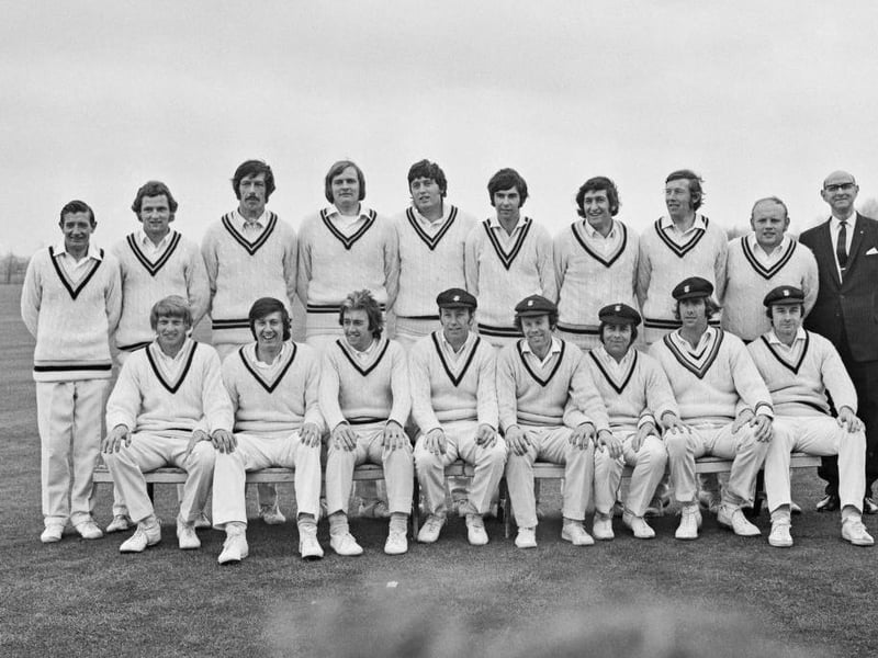 The players of Derbyshire County Cricket Club, UK, 26th May 1972. From left to right (back row) Edwin Smith, Anthony (Tony) Borrington, Ashley Harvey-Walker, David Wilde, Mike Hendrick, Robert Swindell, Chris Wilkins, Philip Russell, Frederick Swarbrook and C. Beardmore; (front row) Peter Eyre, Michael Page, Bob Taylor, Ian Buxton, Ian Hall, John Harvey, Alan Ward and Peter Gibbs.