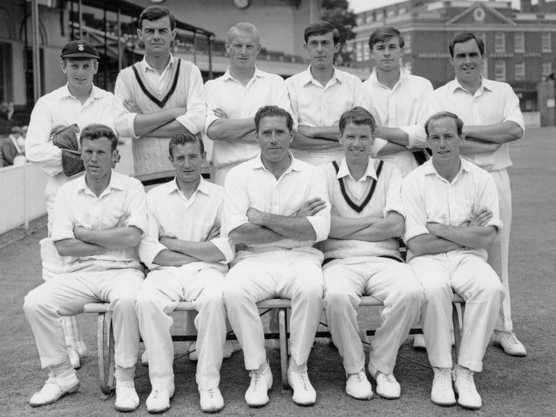 The 1967 County Championship Derbyshire County Cricket Club from left to right (back row) Bob Stephenson (wicketkeeper), Tom Cartwright, Peter Eyre, Peter Gibbs and David Smith, (front row sitting), Ian Hall, Edwin Smith, Derek Morgan (Team Captain), Harold Rhodes and Ian Buxton on 9th August 1967 at the Kennington Oval, London, England.
