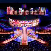A BBC handout CGI of a representation of the staging for the forthcoming Coronation Concert which will be broadcast live from the grounds of Windsor Castle on BBC One, BBC iPlayer, BBC Radio 2 and BBC Sounds on Sunday May 7 from 8pm.