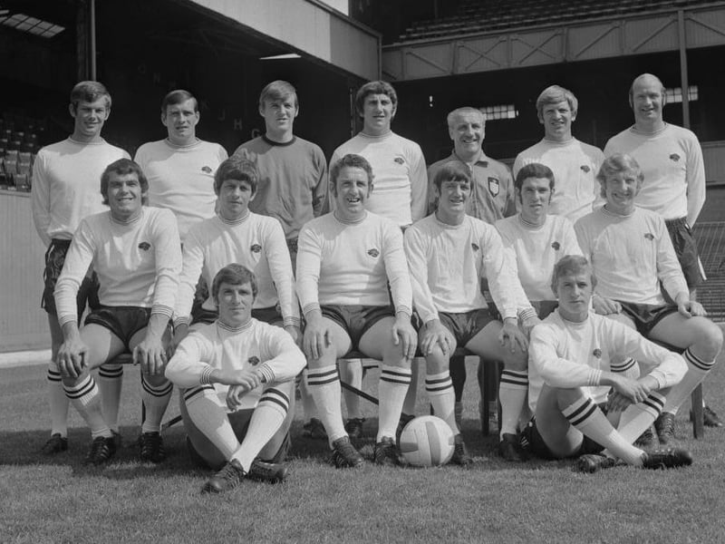 The Derby County squad posed together on the pitch at The Baseball Ground at the start of the 1970-71 football season. The team are, back row from left to right: Peter Daniel, John O'Hare, Colin Boulton, Roy McFarland, Jimmy Gordon (trainer), Alan Durban and Terry Hennessey. Middle row from left to right: Frank Wignall, Ron Webster, Dave Mackay, Willie Carlin, John Robson and Alan Hinton. Front row from left to right: Kevin Hector and John McGovern.