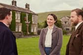 Filming has started in the Yorkshire Dales for Series 6 of All Creatures Great And Small, although as yet, cast and crew have not been spotted in their usual fliming locations. In this scene from series four, right to left, James Herriot (Nicholas Ralph) is with Mrs Hall (Anna Madeley) and Siegfried Farnon (Samuel West). Picture: Channel 5, Playground, Helen Williams