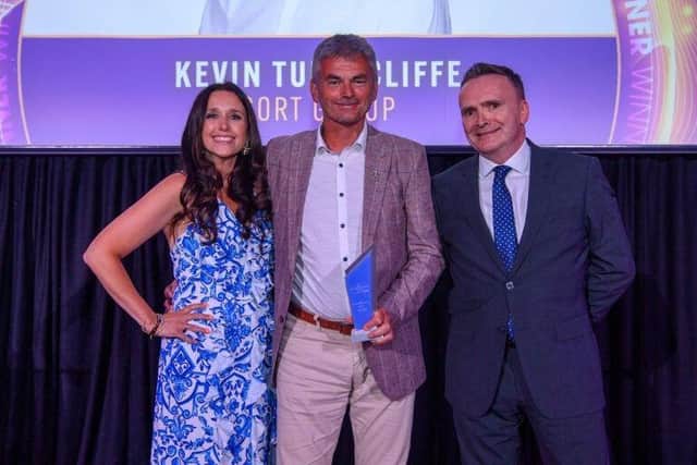 (L to R): Danielle Moore, host of the awards; Kevin Tunnicliffe, CEO of Sort Group; and Martin Sims, Distribution Director at Molo Finance, the event's award sponsor.