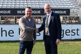 Purpose Media managing director Matt Wheatcroft celebrates the business becoming an Official Partner of Derbyshire County Cricket Club with DCCC chief executive Ryan Duckett at the County Ground.