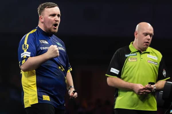 Luke Littler celebrates during darts' world final against Michael van Gerwen. Picture by Taylor Lanning/PDC.