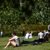 People enjoying a park on a warm day.