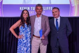 (L to R): Danielle Moore, host of the awards; Kevin Tunnicliffe, CEO of Sort Group; and Martin Sims, Distribution Director at Molo Finance, the event's award sponsor.