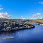 An aerial view of Ladybower Reservoir and the the A57 Snake Pass making its way through the Peak District and over the Pennines. It is an area that afford unrivalled views of the Peak District.