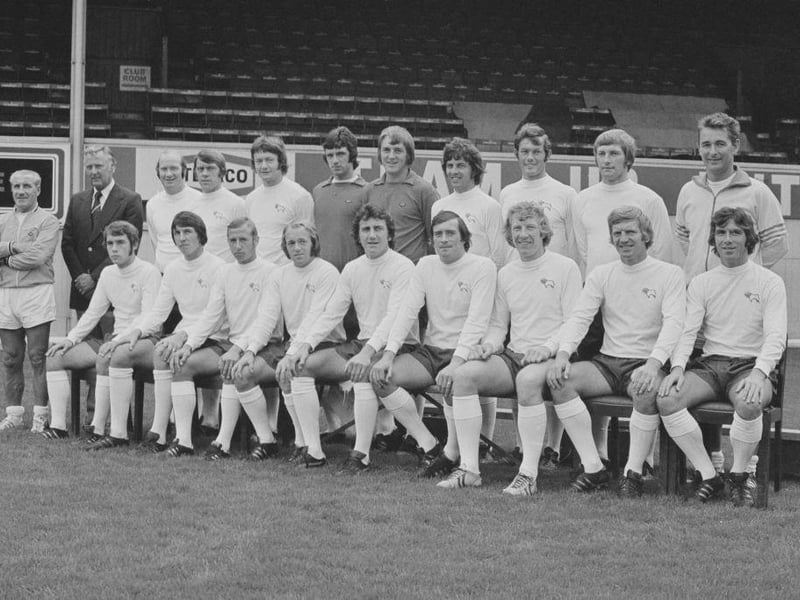 The Derby County squad posed together on the pitch at The Baseball Ground at the start of the 1973-74 football season. The team are, back row from left to right: Jimmy Gordon (trainer), Peter Taylor (assistant manager), Terry Hennessey, David Nish, John Sims, Graham Moseley, Colin Boulton, Ron Webster, Peter Daniel, Colin Todd and manager Brian Clough. Front row from left to right: Steve Powell, Roger Davies, John McGovern, Archie Gemmill, Roy McFarland, John O'Hare, Alan Hinton, Alan Durban and Kevin Hector.