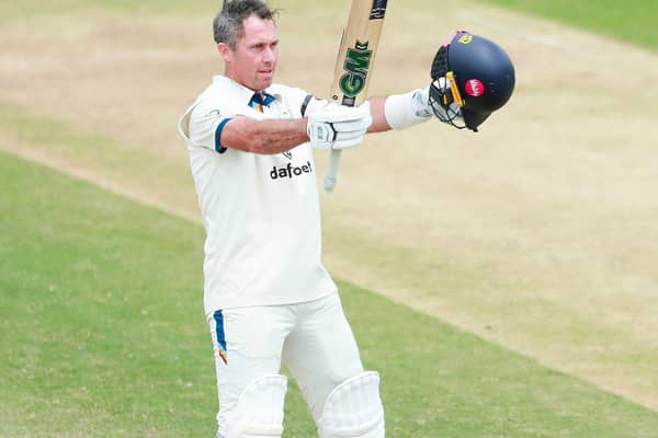 Derbyshire skipper Wayne Madsen celebrates reaching his century on the second day of the Rothesay County Championship Division Two match with Gloucestershire at the Seat Unique Stadium, Bristol. Pic: Jacob Hurry, Gloucestershire CCC.