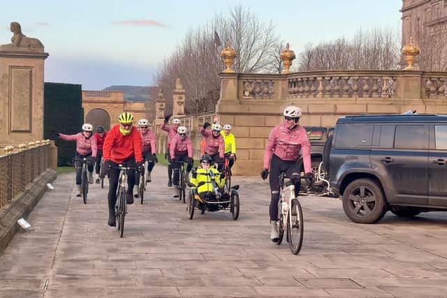 The Cycle4Caroline team led by Tom March reach Chatsworth House at the halfway point of their endurance ride.