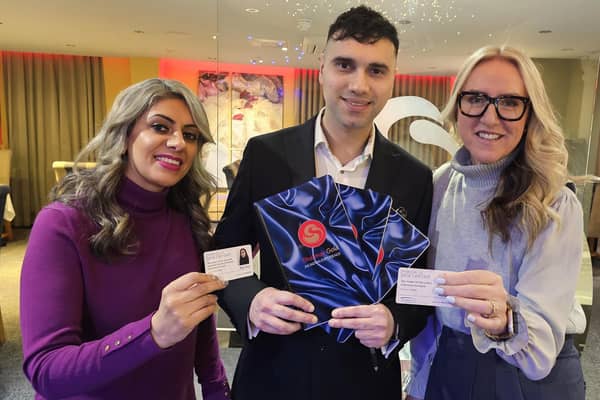 From left, Raj Johal, executive director of Blue Sky Brokers, Shahzad Akhtar, director of Shalimar Gold restaurant and Louise Moss, CEO of Disability Direct, celebrate the restaurant signing up to the Blue Sky Social Care Card.